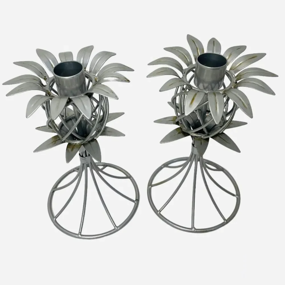 Pineapple Shape Metal Candle Sticks Holders Hawaiian Tropical Coastal Set of 2